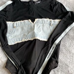 Mesh bodysuit w/ denim detailing